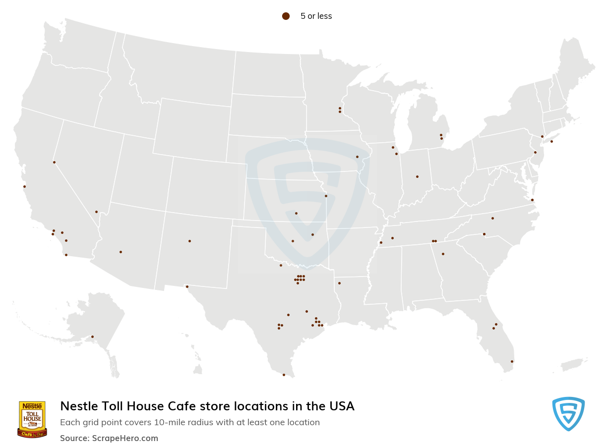 Map of Nestle Toll House Cafe stores in the United States