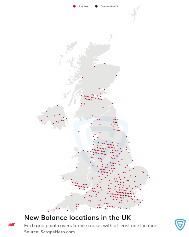 Map of New Balance stores in the United Kingdom