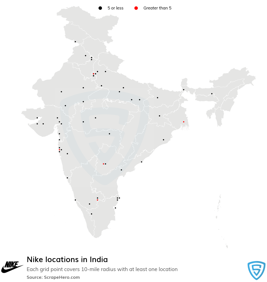 Map of Nike locations in India in 2022