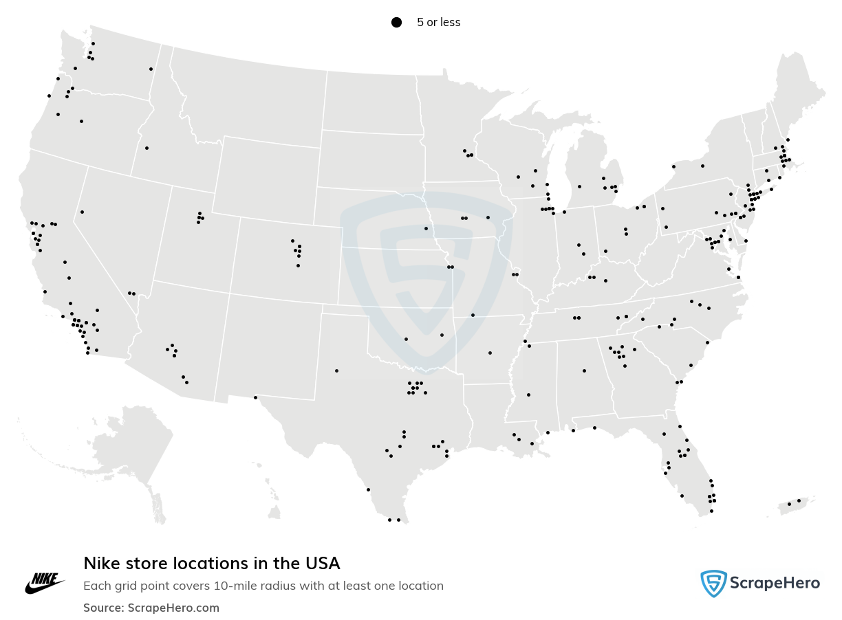 Map of Nike stores in the United States