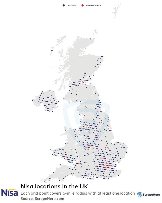 Map of Nisa stores in the United Kingdom