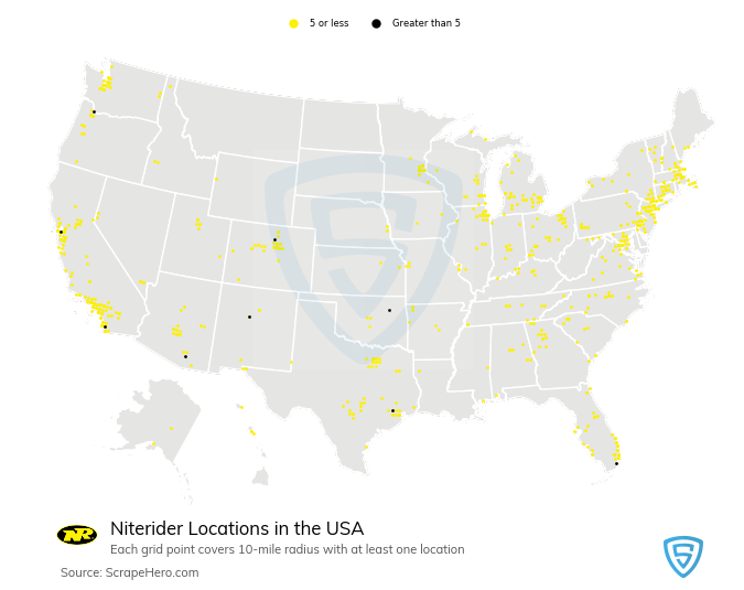 Map of Niterider stores in the United States