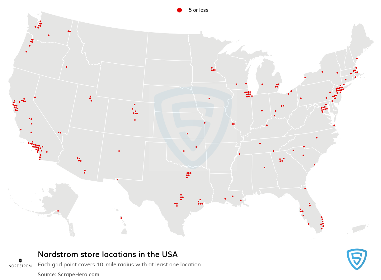 Map of Nordstrom retail stores in the United States