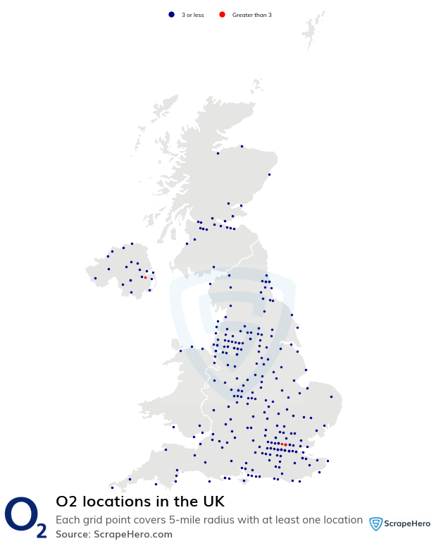 Map of O2 locations in the United Kingdom