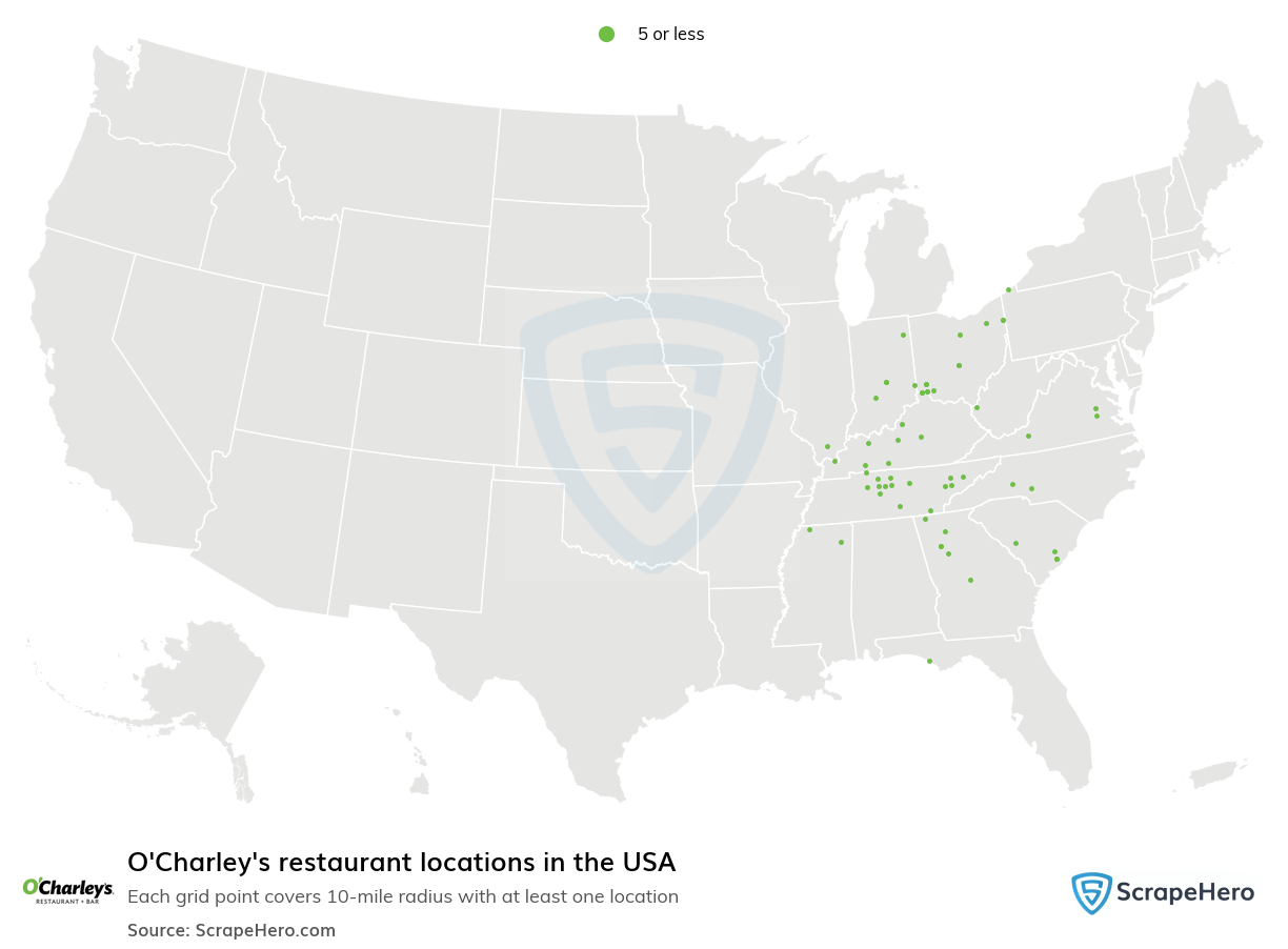 Map of O'Charley's restaurants in the United States