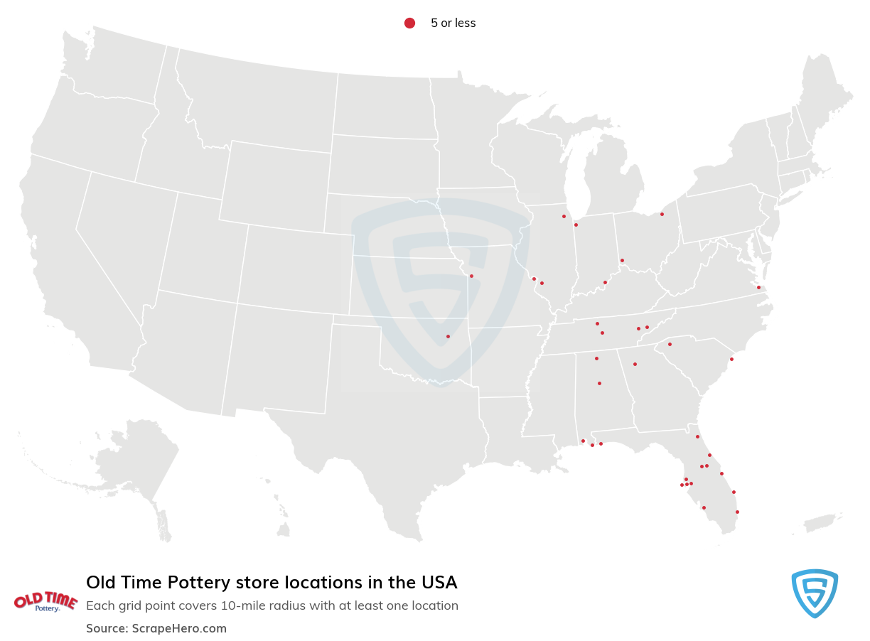 Number of Old Time Pottery locations in the USA in 2023 ScrapeHero