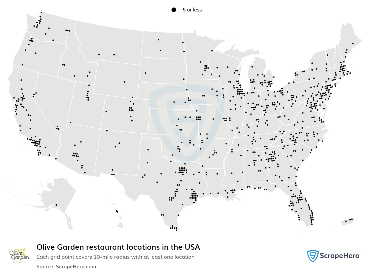 Map of Olive Garden restaurants in the United States