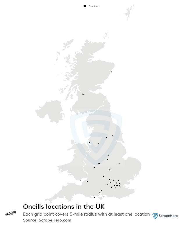 Map of Oneills stores in the United Kingdom