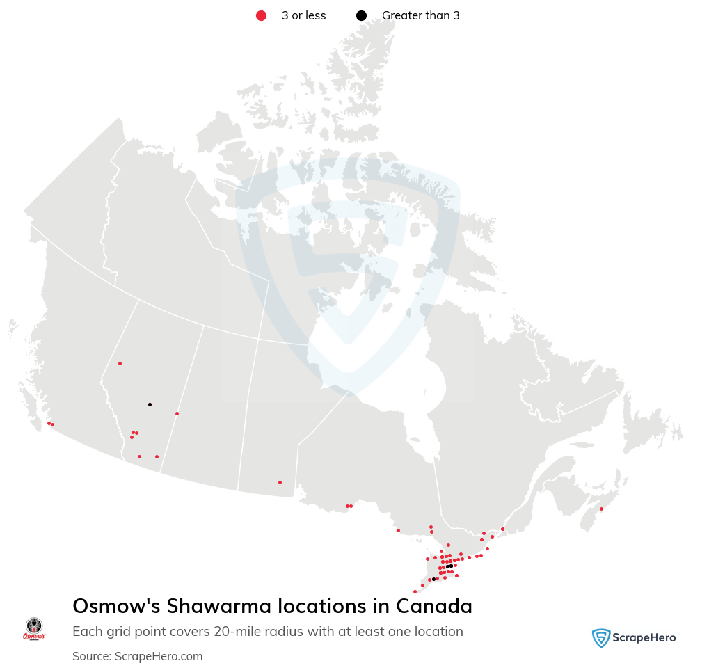Map of Osmow's Shawarma locations in Canada