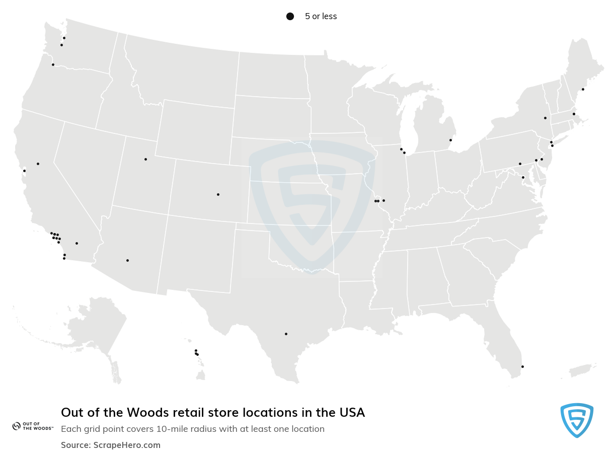 Map of Out of the Woods retail stores in the United States
