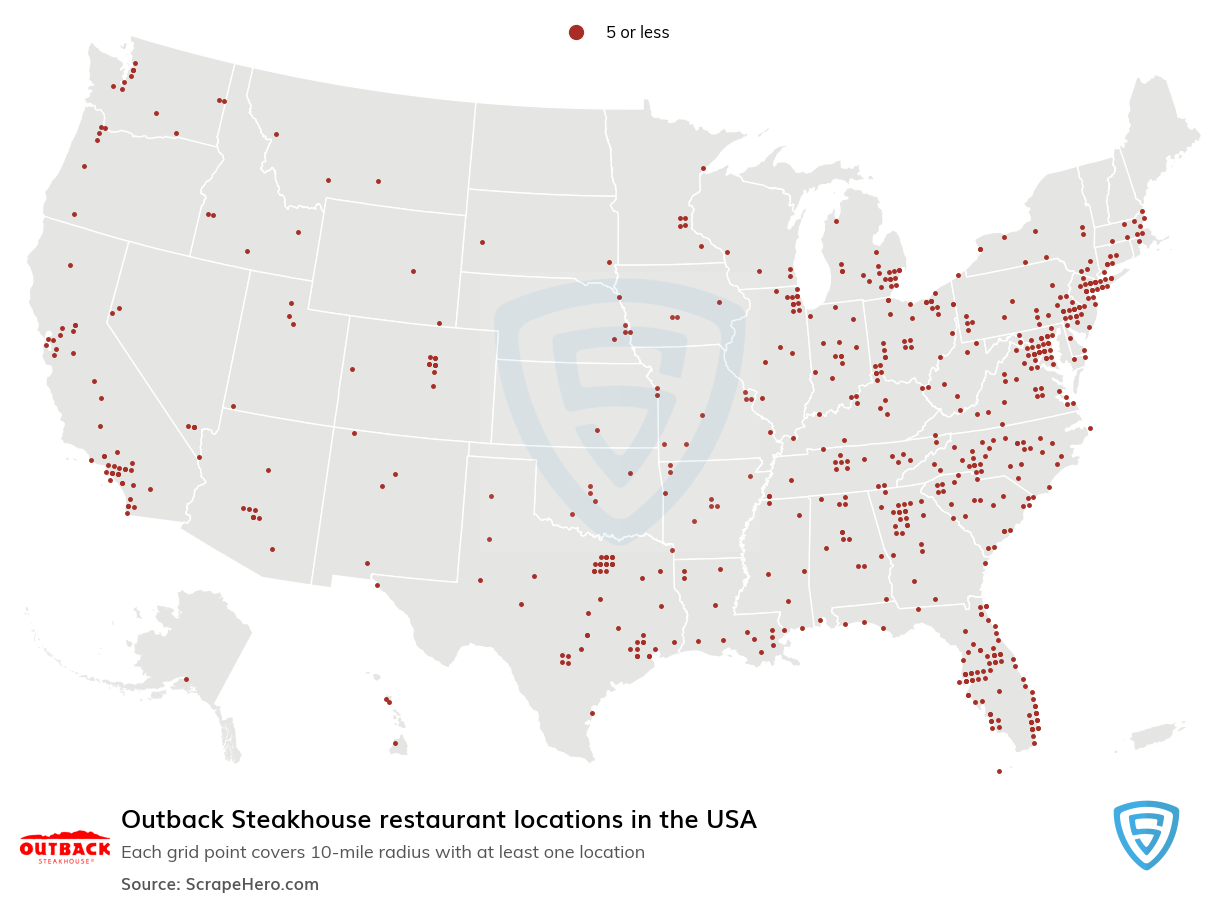 Map of Outback Steakhouse locations in the United States in 2022