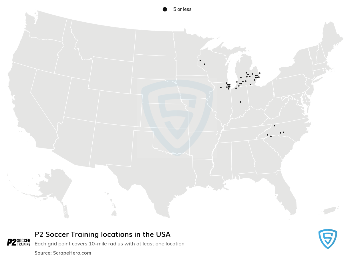 Map of P2 Soccer Training locations in the United States