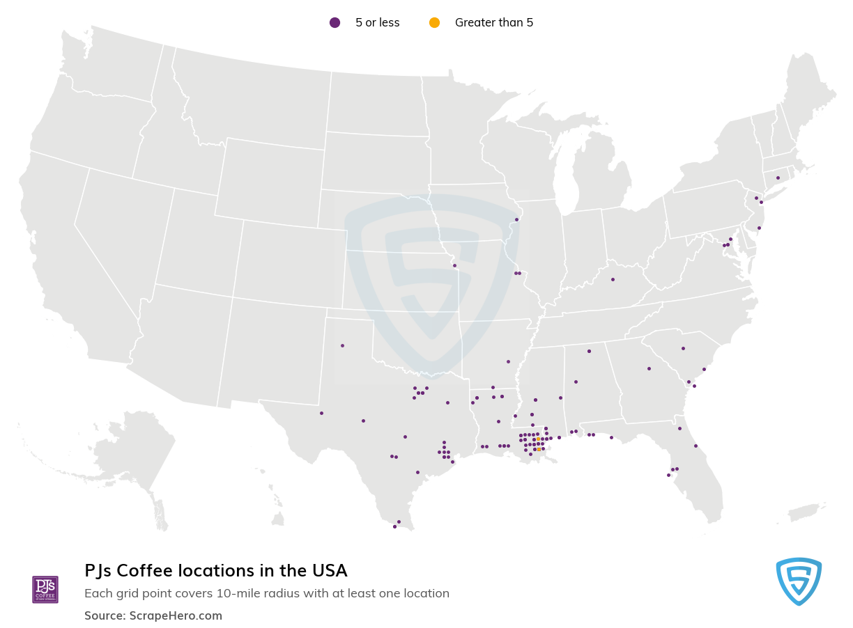 Map of PJs Coffee stores in the United States