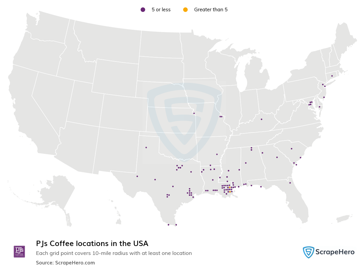 Map of PJs Coffee locations in the United States