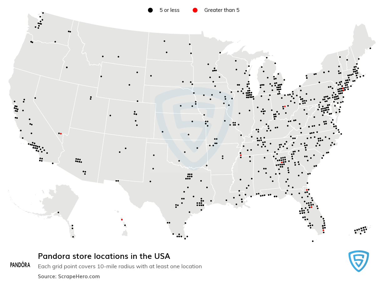 Map of Pandora retail stores in the United States