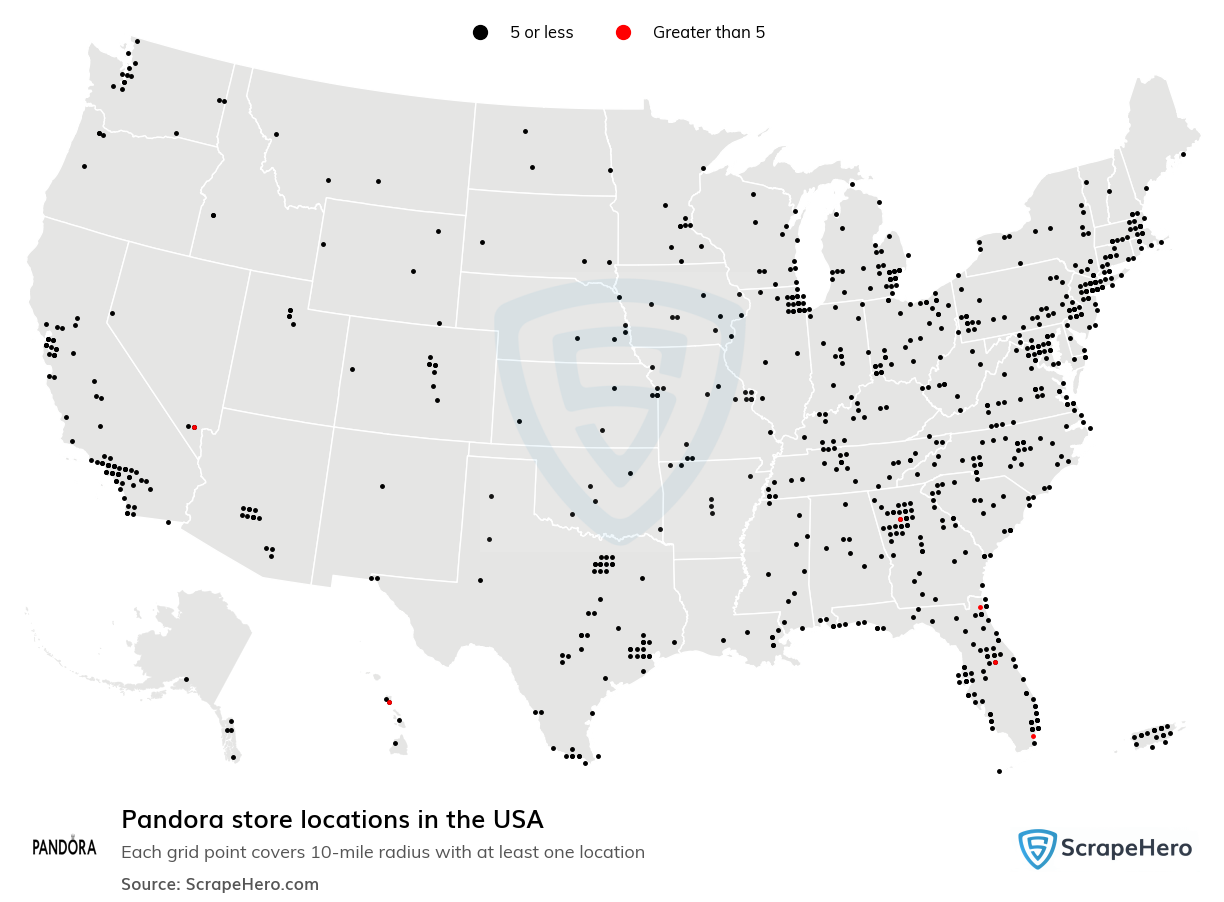 Map of Pandora stores in the United States