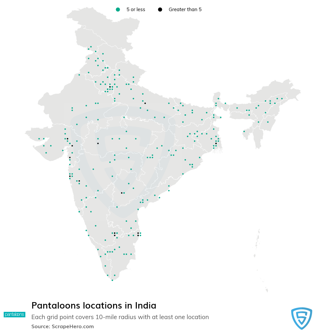 Map of Pantaloons locations in India in 2021