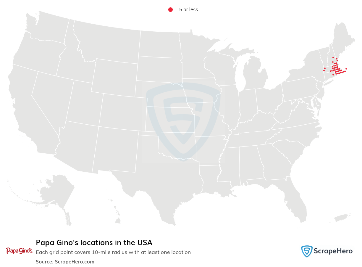 Map of Papa Gino's locations in the United States