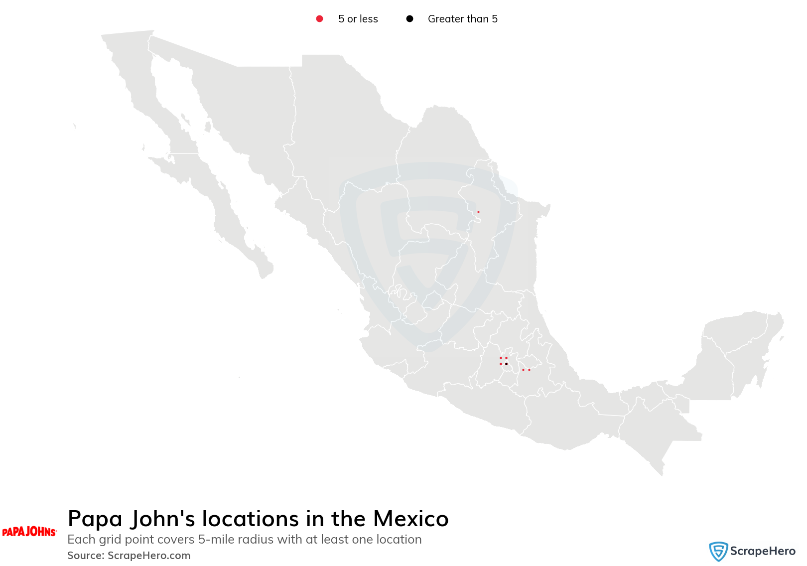 Map of Papa John's locations in Mexico
