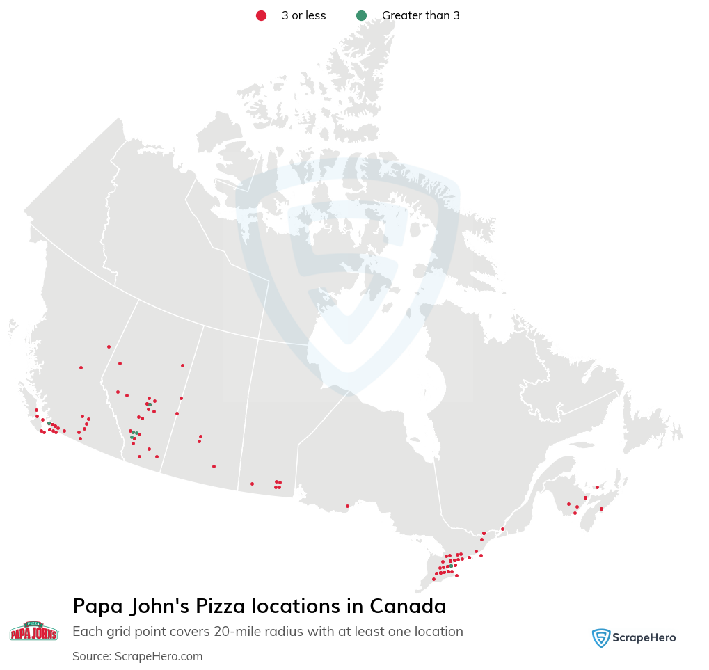 Map of Papa John's Pizza locations in Canada