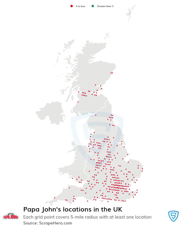 Map of Papa John's locations in the United Kingdom