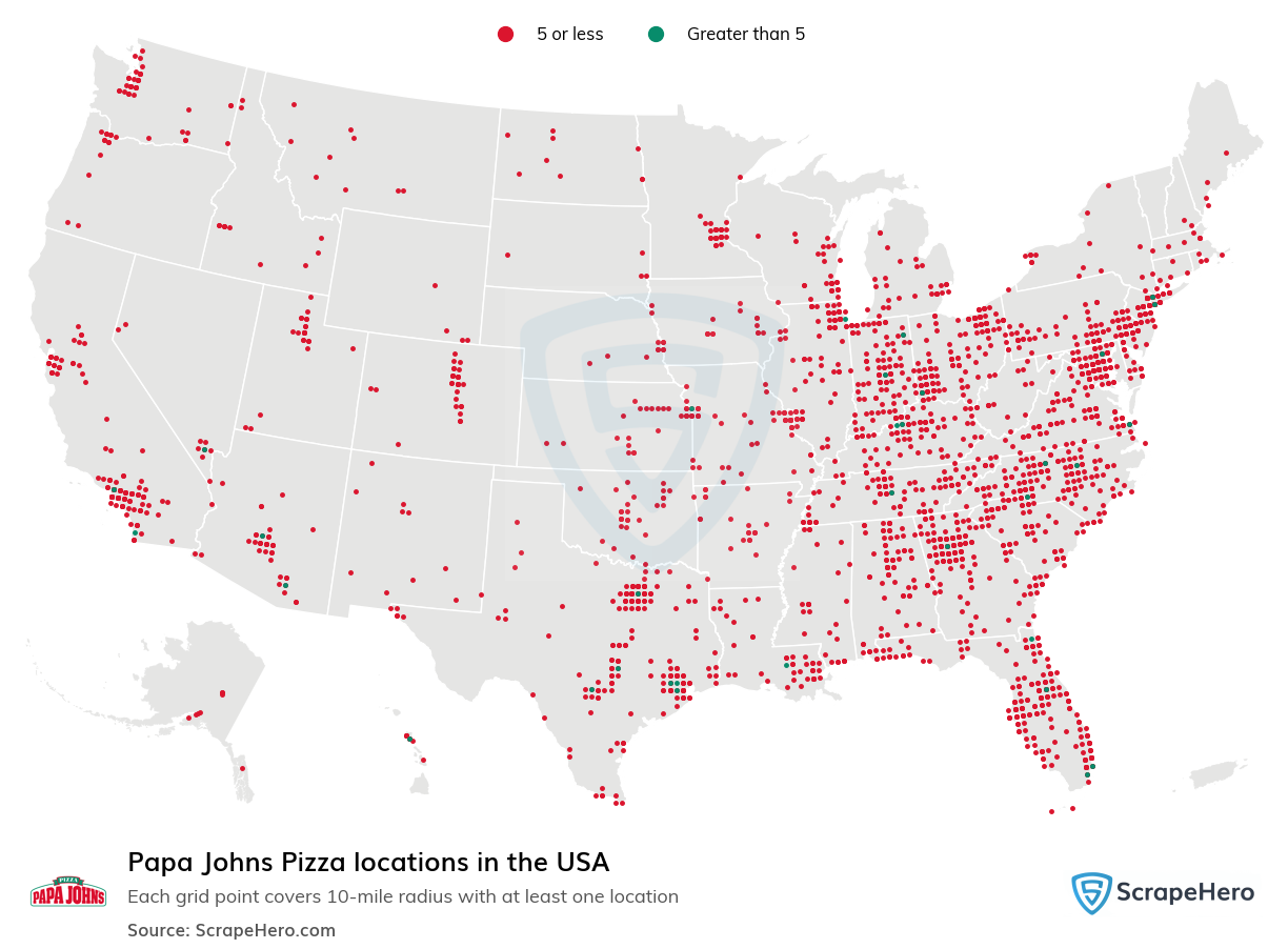 Map of Papajohns locations in the United States