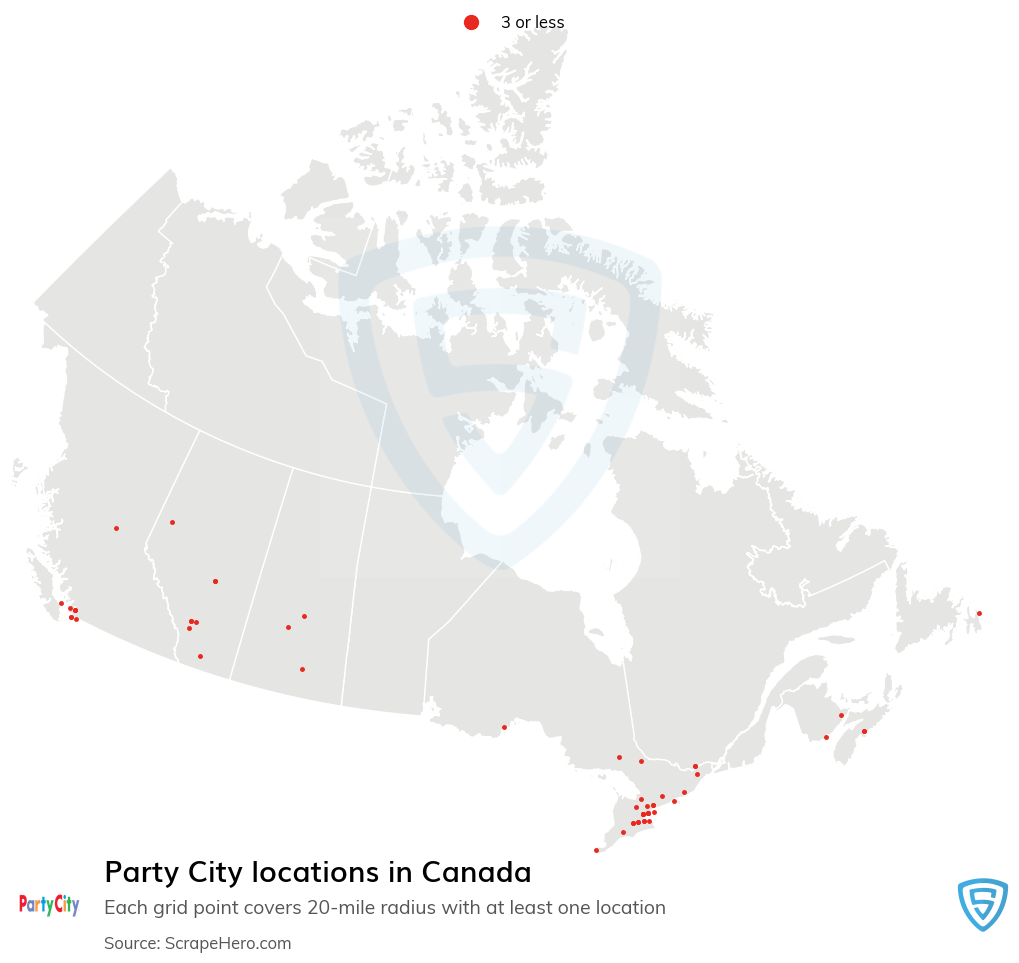 Map of Party City locations in Canada in 2022