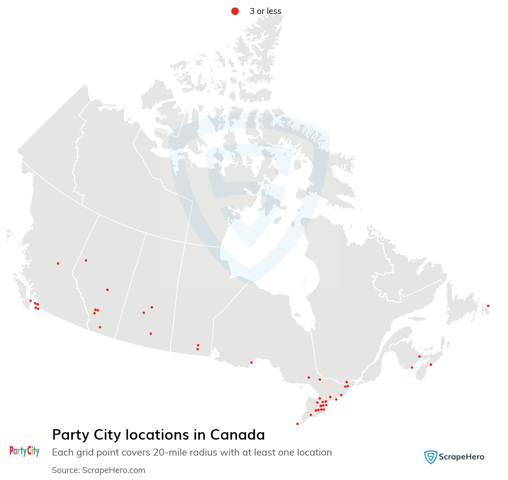 Map of Party City stores in Canada