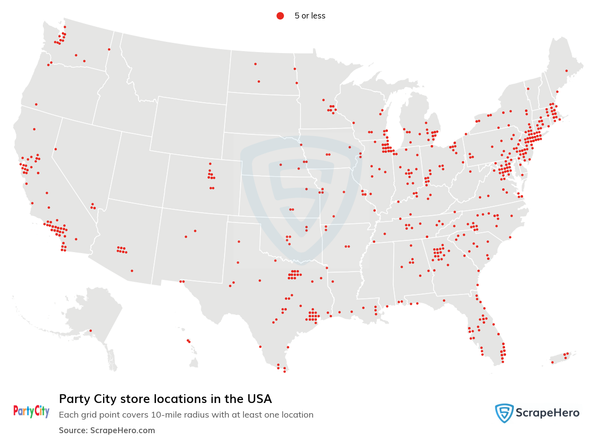 Map of Party City stores in the United States