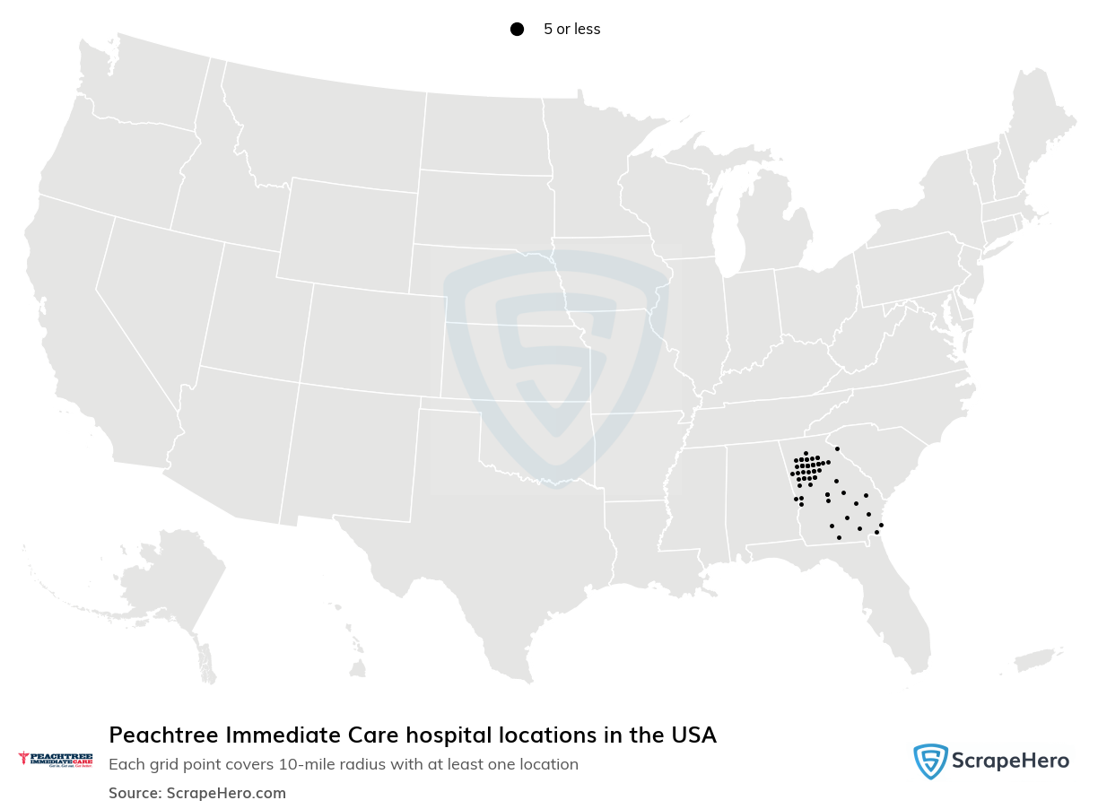 Map of Peachtree Immediate Care hospitals in the United States