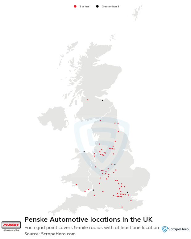 Map of Penske Automotive dealers in the United Kingdom