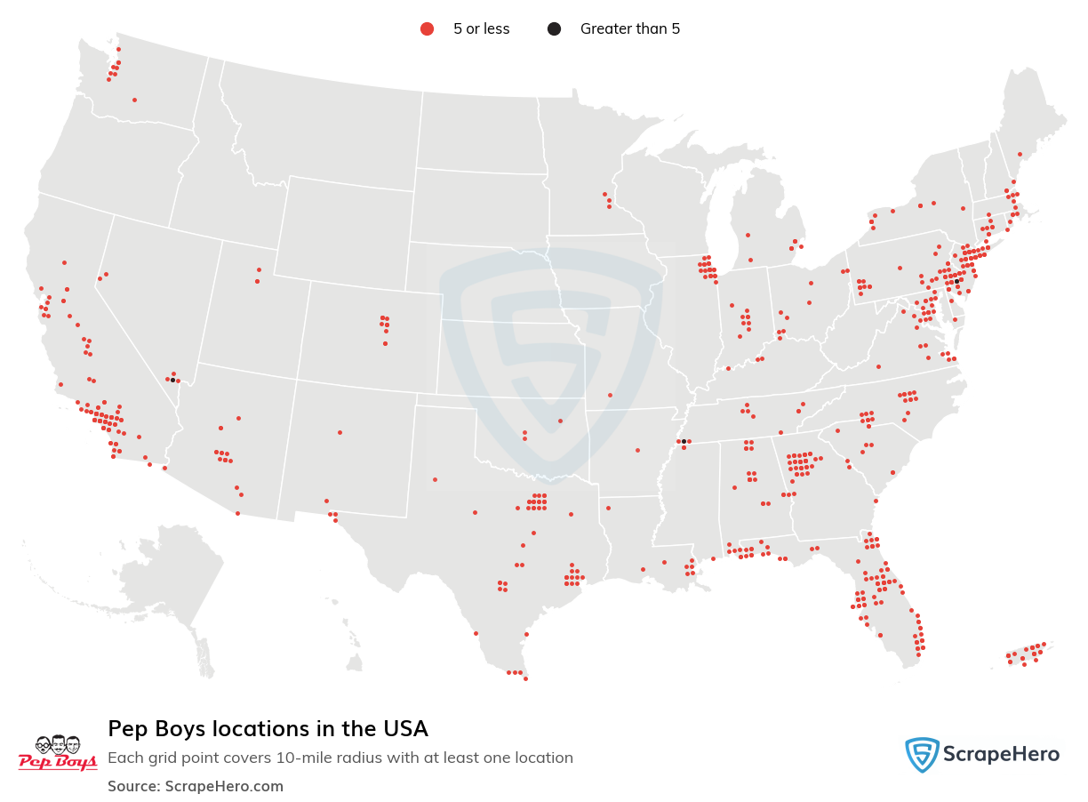 Map of Pep Boys locations in the United States