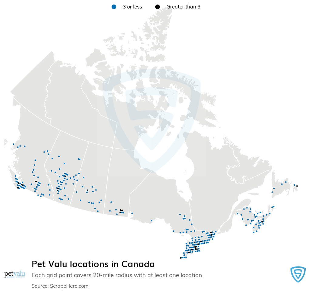 Map of Pet Valu locations in Canada in 2022