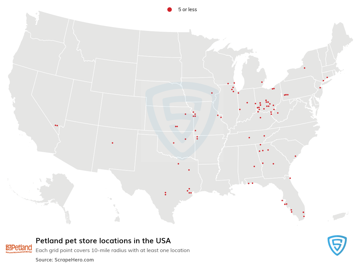 Map of Petland locations in the United States in 2022