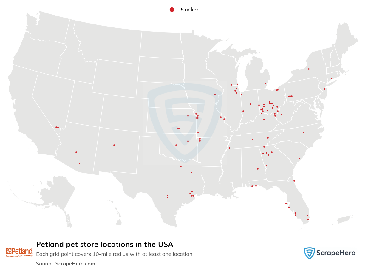 Map of Petland pet stores in the United States