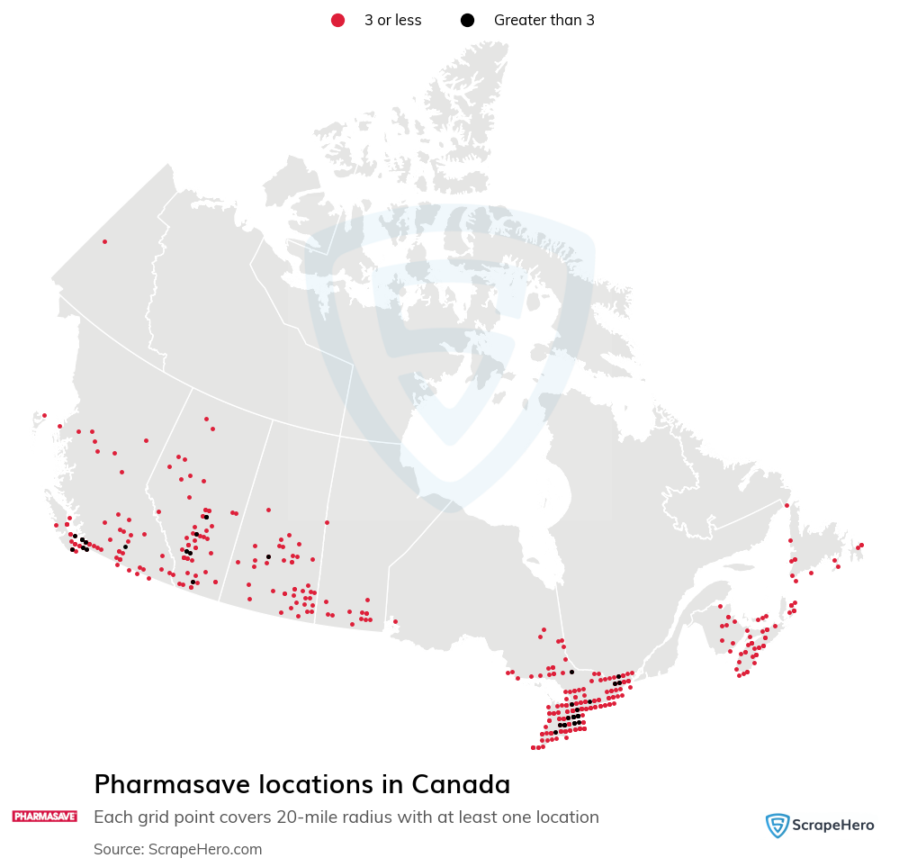 Map of Pharmasave pharmacies in Canada