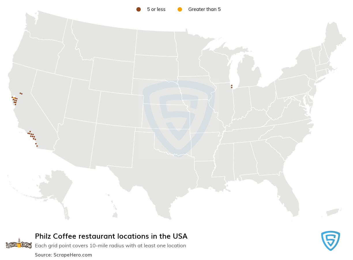 Map of Philz Coffee restaurants in the United States