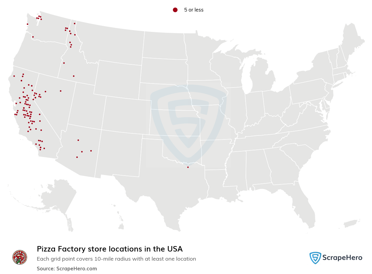 Map of Pizza Factory stores in the United States