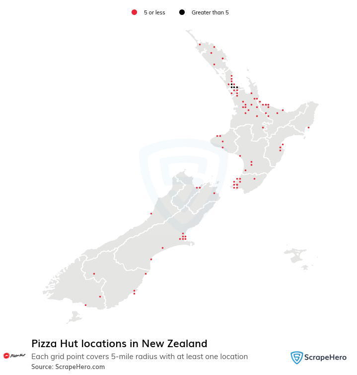 Map of Pizza Hut locations in New Zealand