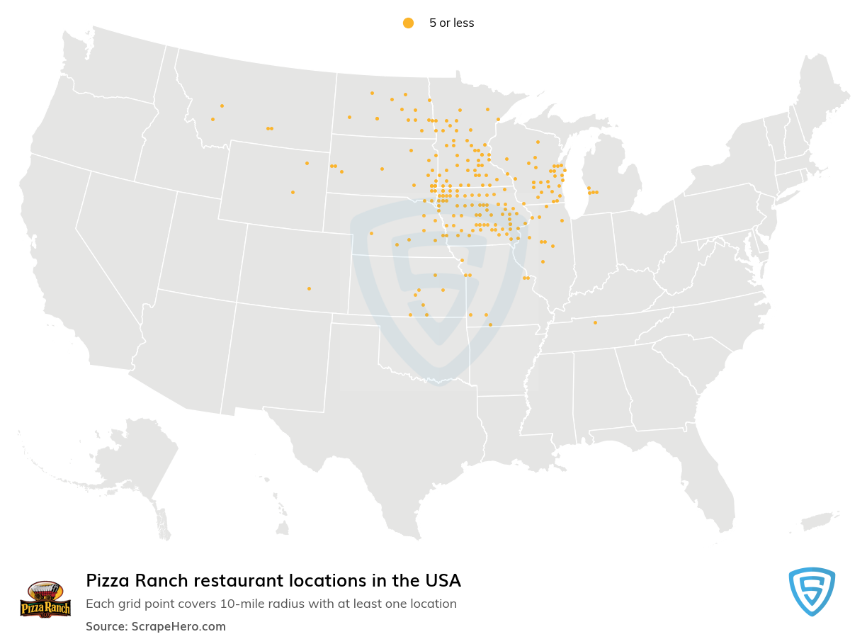 Map of Pizza Ranch restaurants in the United States