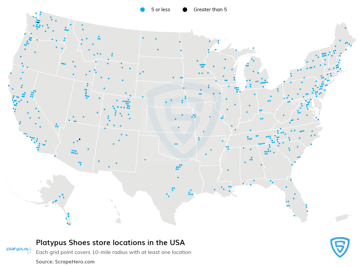 Map of Platypus Shoes stores in the United States