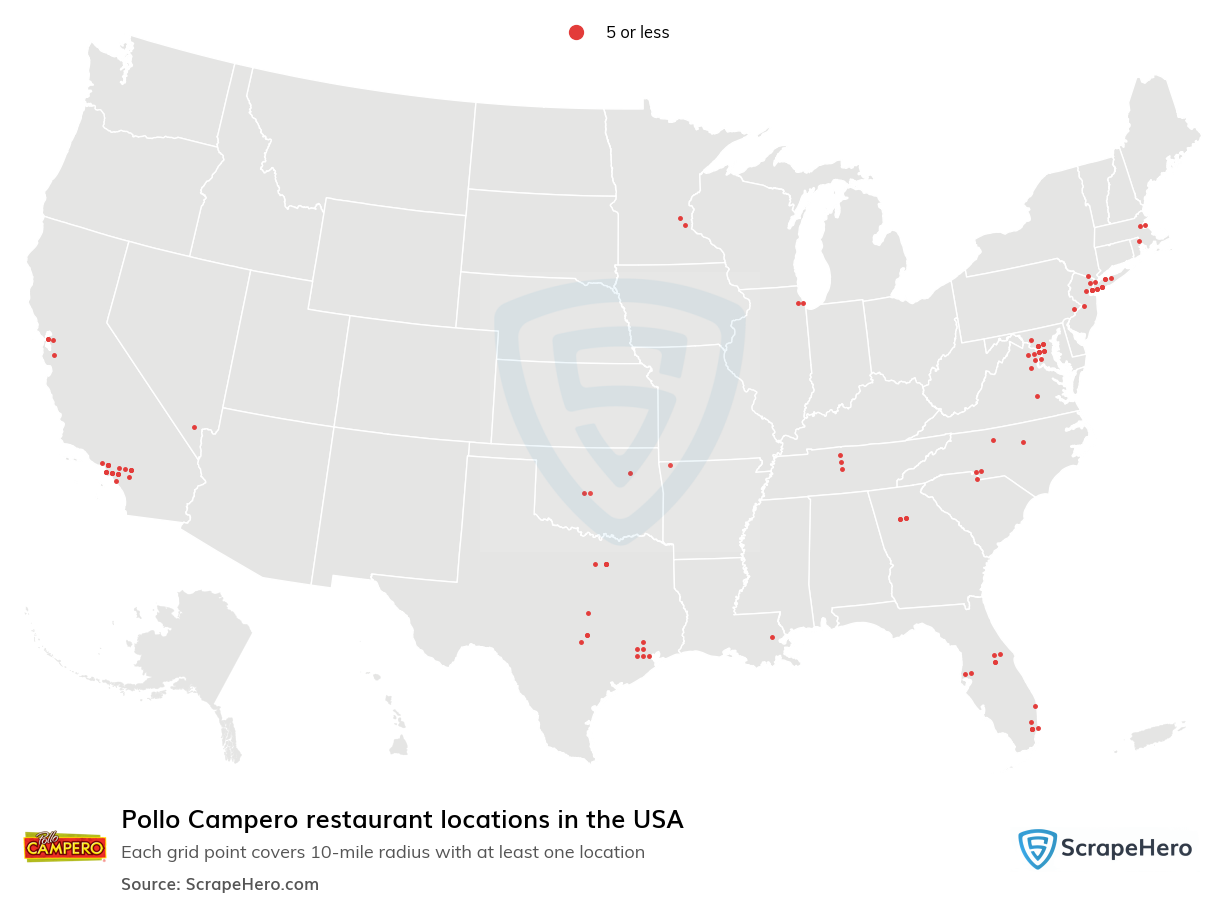 Map of Pollo Campero restaurants in the United States