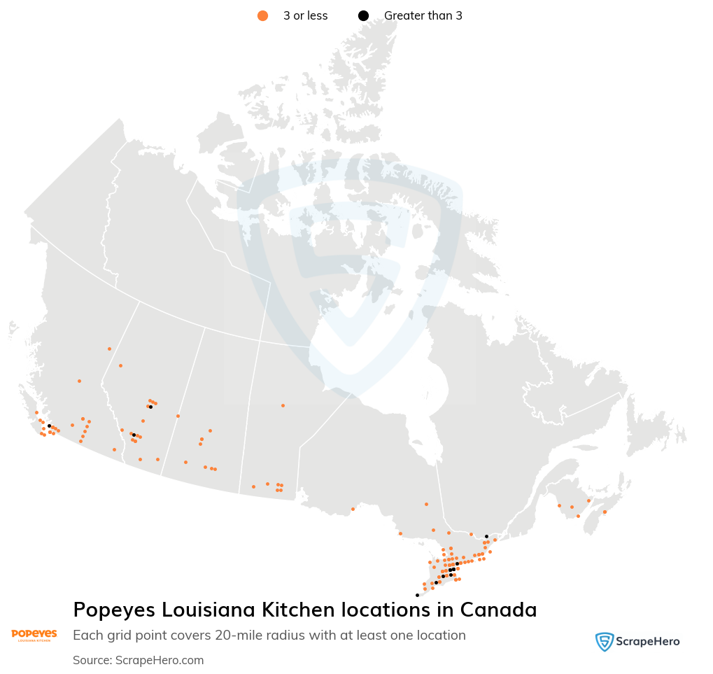 Map of Popeyes restaurants in Canada