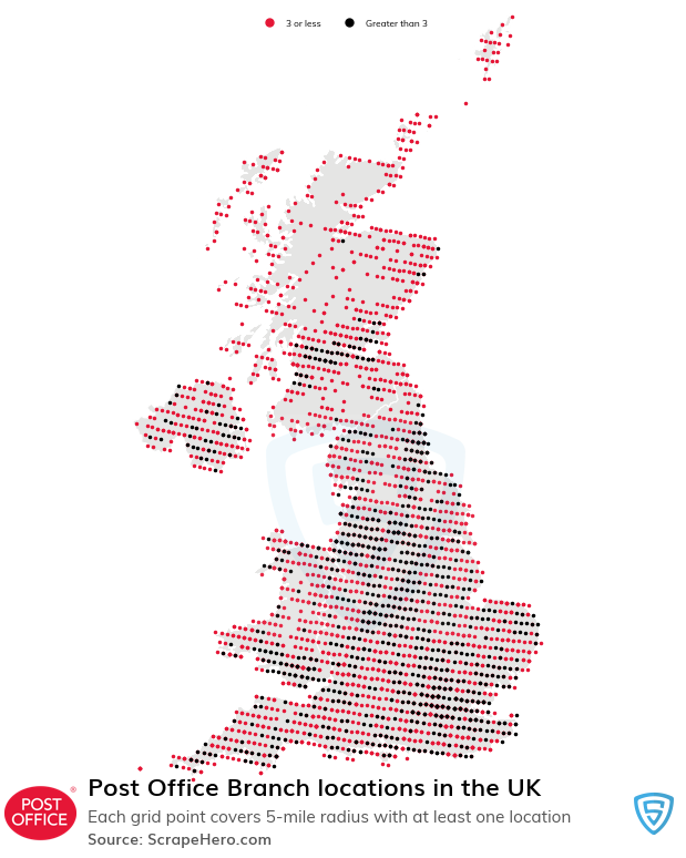 Map of Post Office Branch locations in the United Kingdom
