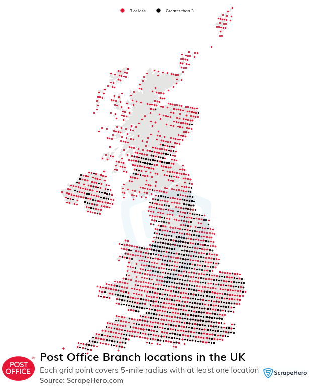 Map of Post Office Branch locations in the United Kingdom