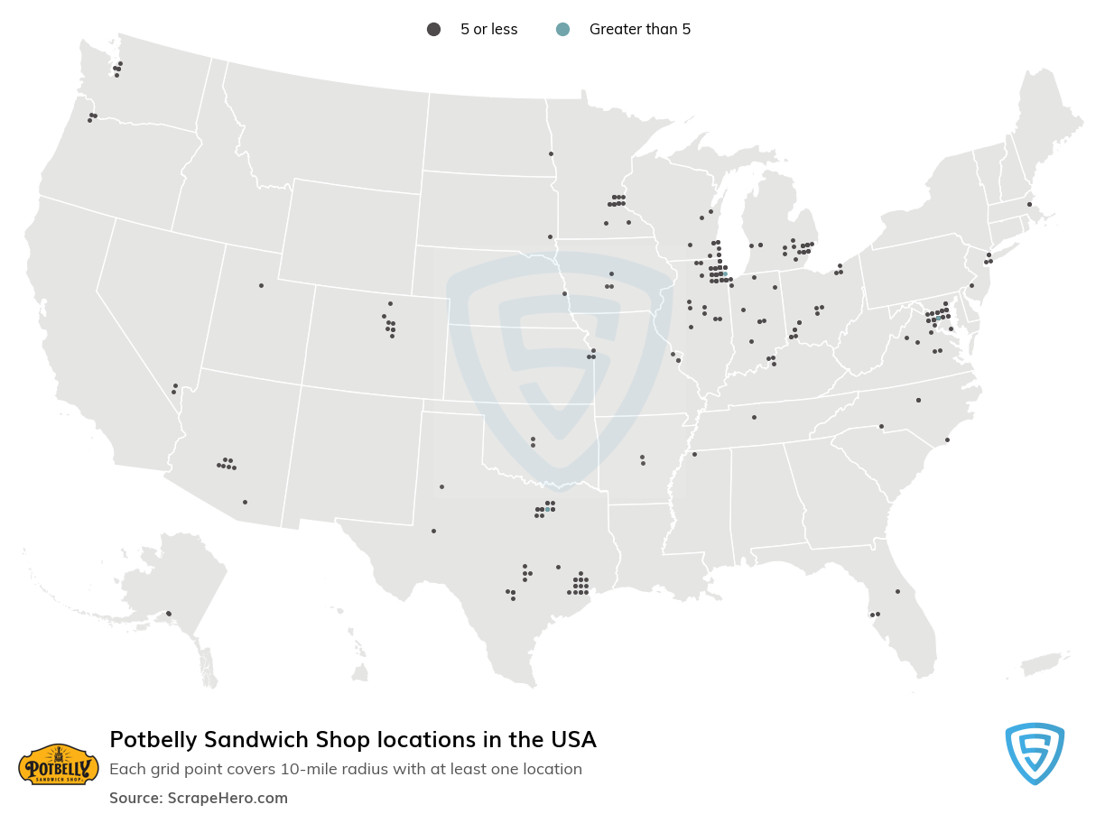 Map of Potbelly Sandwich Shop locations in the United States