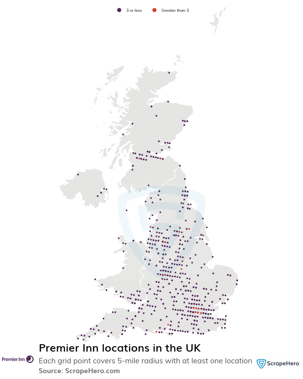 Map of Premier Inn hotels in the United Kingdom