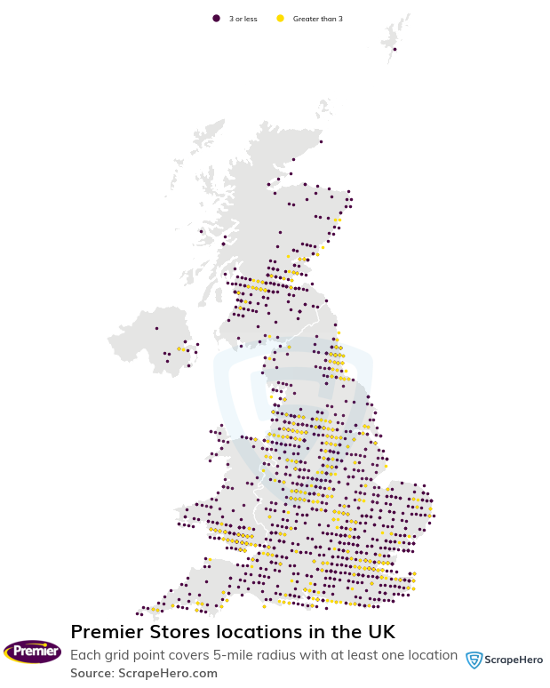 Map of Premier Stores locations in the United Kingdom