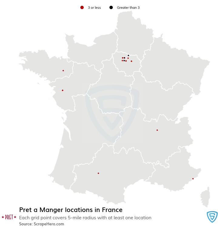 Map of Pret a Manger locations in France