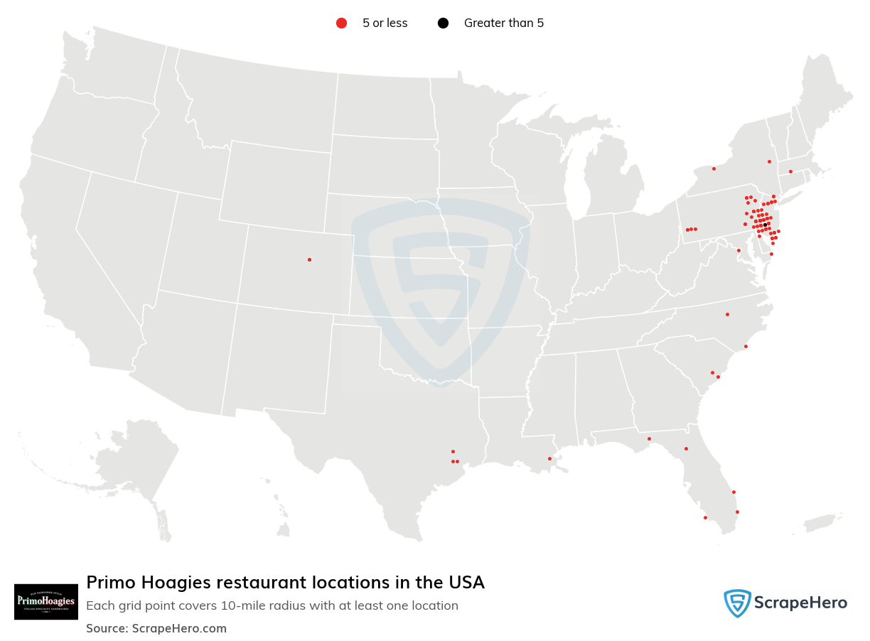 Map of Primo Hoagies restaurants in the United States